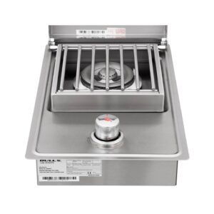 Single drop in gas burner unit showing substantial pan stand and control know with bull logo.
