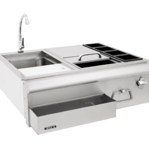 Bar caddy with sink to the left, ice chest in the centre and condiment tubs to the right. Beneath the sink is a pull out drawer, and there is a hanging hook and bottle opener to the right of this.