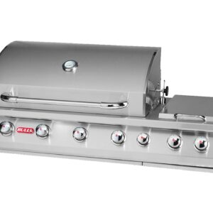 Bull 6 Premium 7 burner BBQ. There is a lid with thermometer and seven control knobs on the front panel.