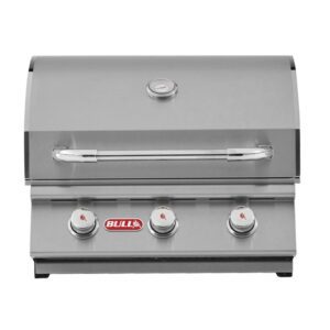 Bull 3 BBQ/Grill with lid. There is a thermometer in the lid and a wide handle. There are three control knows with the bull logo on the front panel