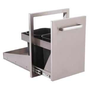 Pull out waste drawer which holds two black plastic bins. the unit is ready for fitting into one of our bespoke outdoor kitchens.