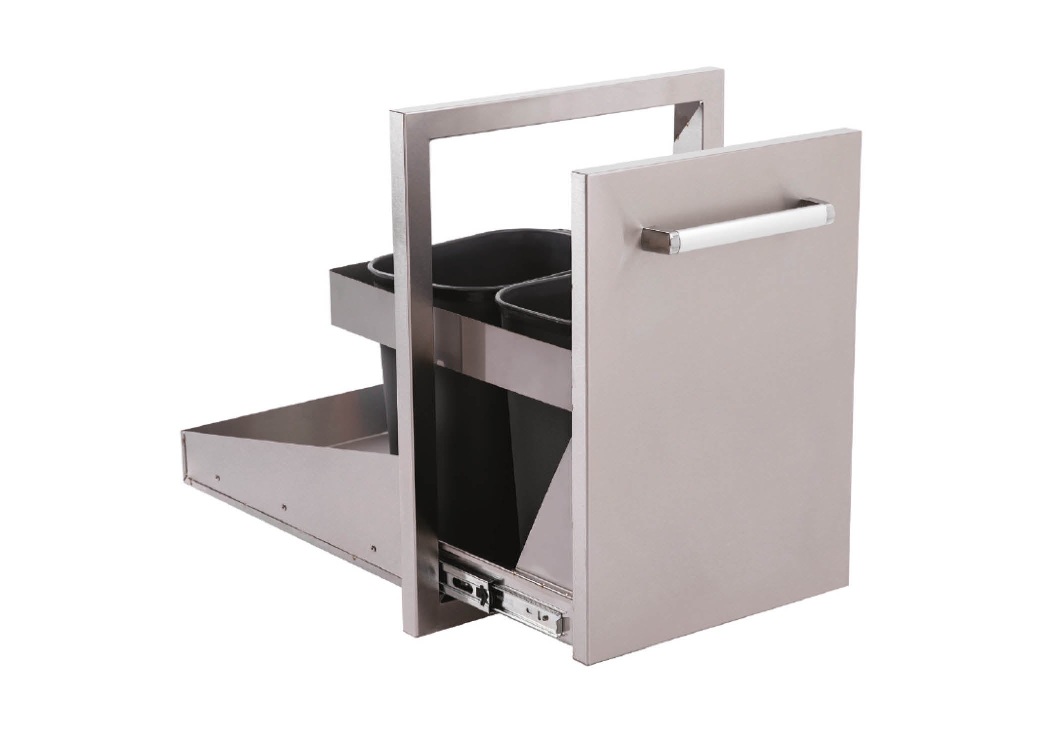 images Pull out waste drawer which holds two black plastic bins. the unit is ready for fitting into one of our bespoke outdoor kitchens.