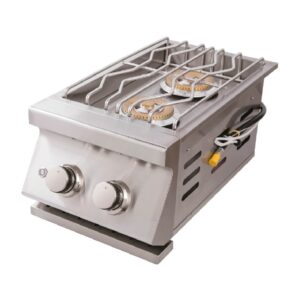 Burford twin gas burner unit with control knobs to the front and pull out tray.
