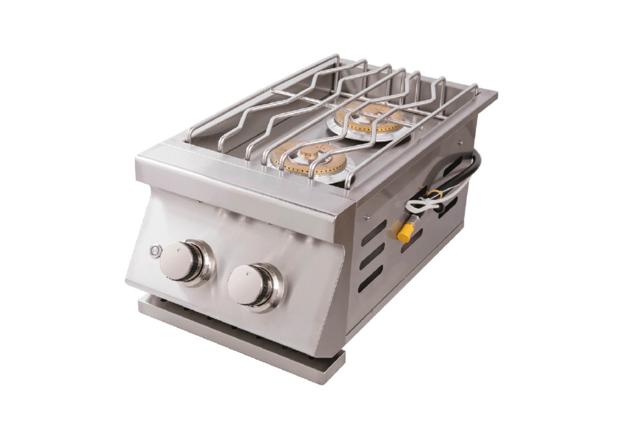 images Burford twin gas burner unit with control knobs to the front and pull out tray.