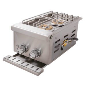 Burford 2 Twin gas burner unit showing substantial pot stand and pull out cleaning tray under the two control knobs