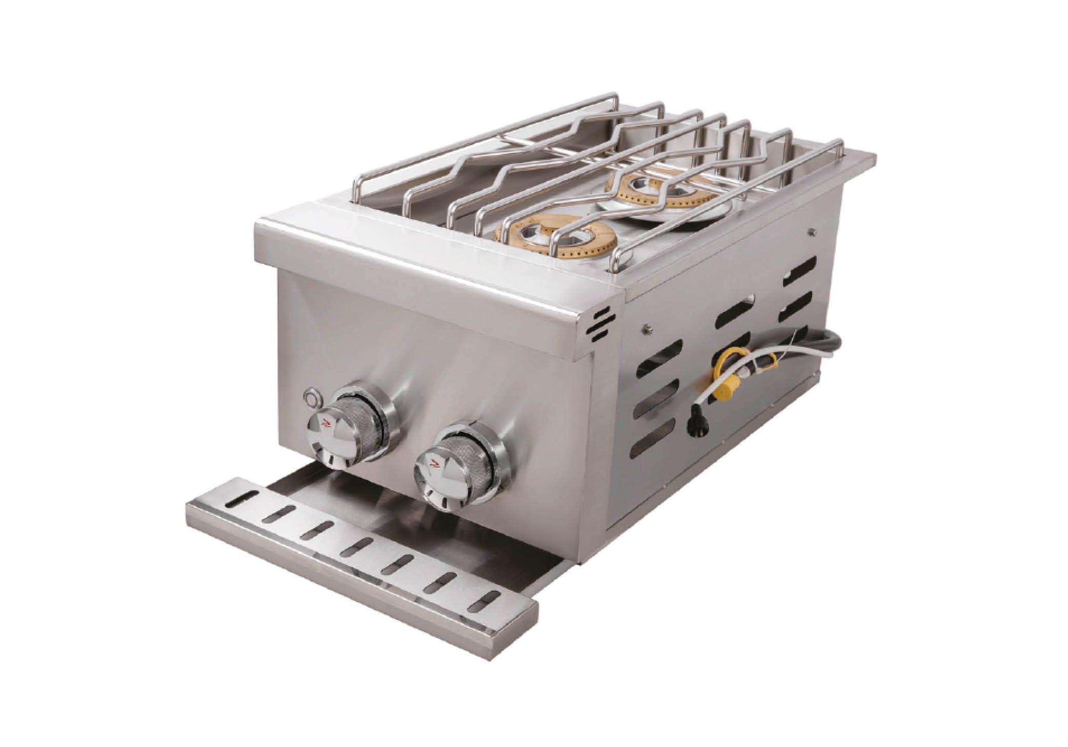 images Burford 2 Twin gas burner unit showing substantial pot stand and pull out cleaning tray under the two control knobs