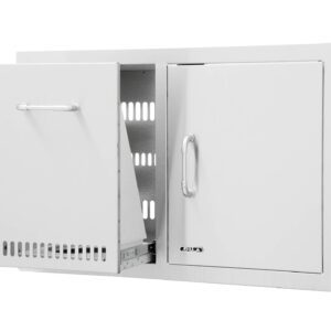 A Door/Propane Drawer Combo in stainless steel showing 2 similar doors side by side, one of which has vents to enable the safe storage of a gas bottle. The unit gives access door to connect to your grill and has convenient storage for a waste bin in the adjacent cupboard.