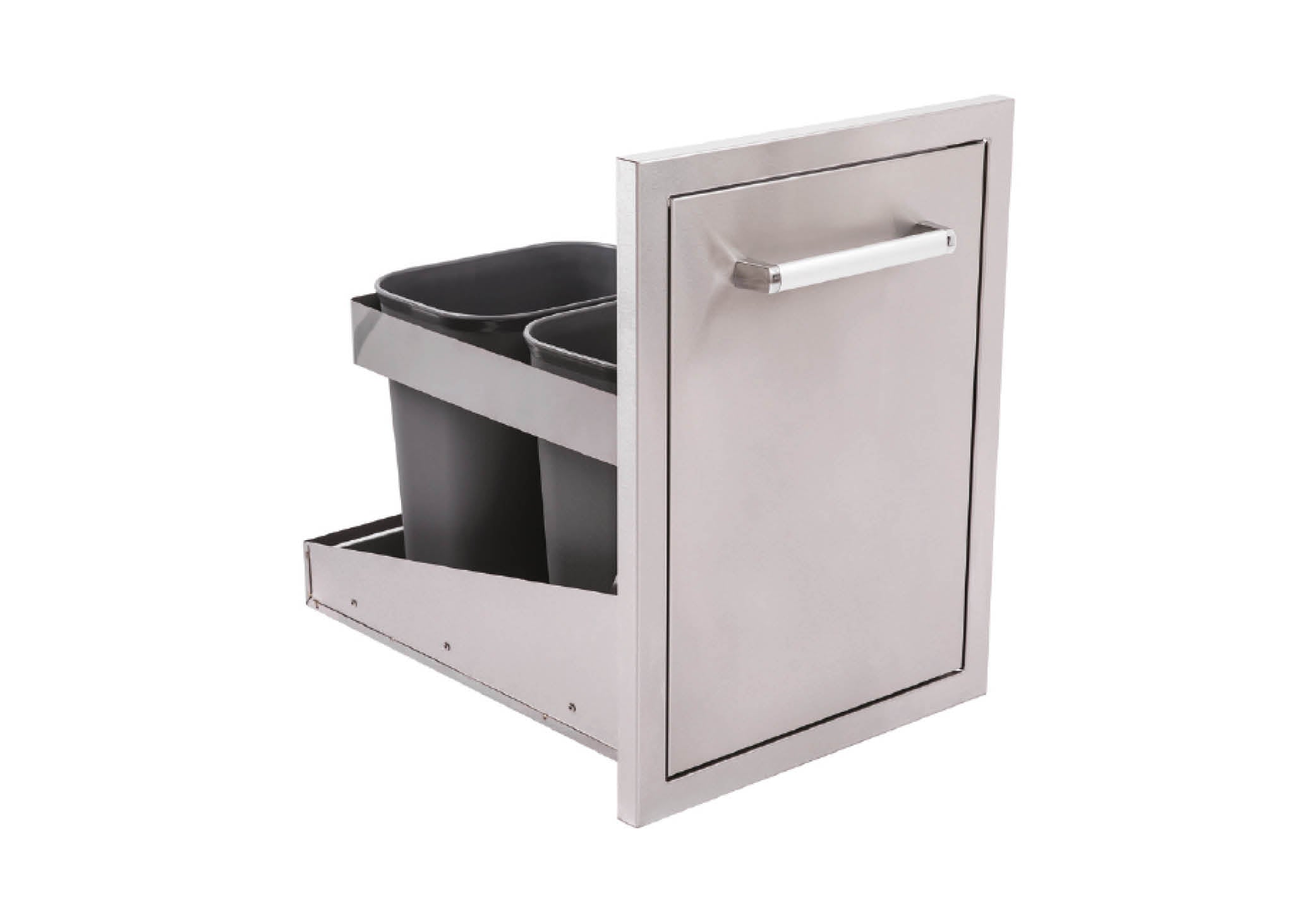 images Pull out waste drawer in s/steel, with centralised handle. The drawer is in the closed position, but two waste bins can be seen through the open sides of the module. Once fitted these are concealed.