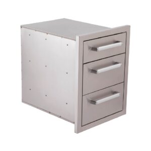 Three drawer module for building into a bespoke outdoor kitchen. In stainless steel.