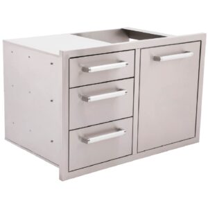 Three drawer and single cupboard unit shown in the closed position.