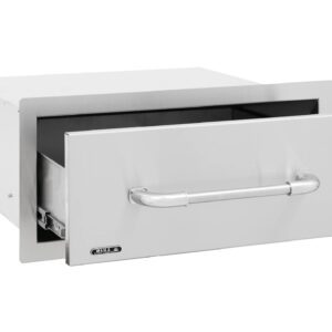 Stainless steel warming drawer in the half open position