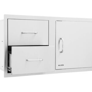 Combi unit for installing into one of our custom made outdoor kitchens. Unit has one larger cupboard and two smaller drawers, all in stainless steel. the view is slightly from the left and the bottom drawer is part open.