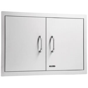 Two door unit for building into outdoor kitchen. Two stainless steel rounded handles are centralised within the unit