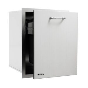 Module for storing waste bin, shown with door slightly open