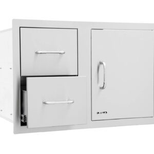 Viewed from the left, the two drawer/single door combi unit in s/s, showing the lower draw slightly open.