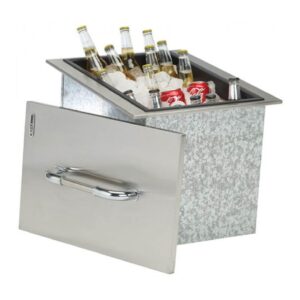 A drinks chiller containing ice, bottles of wine and beer and cans of soft drink. this module can be installed in one of our bespoke outdoor kitchens.
