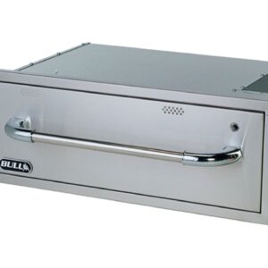 Slide out warming drawer in stainless steel, with a rounded stainless steel handle. This drawer can be installed as part of our outdoor kitchens.