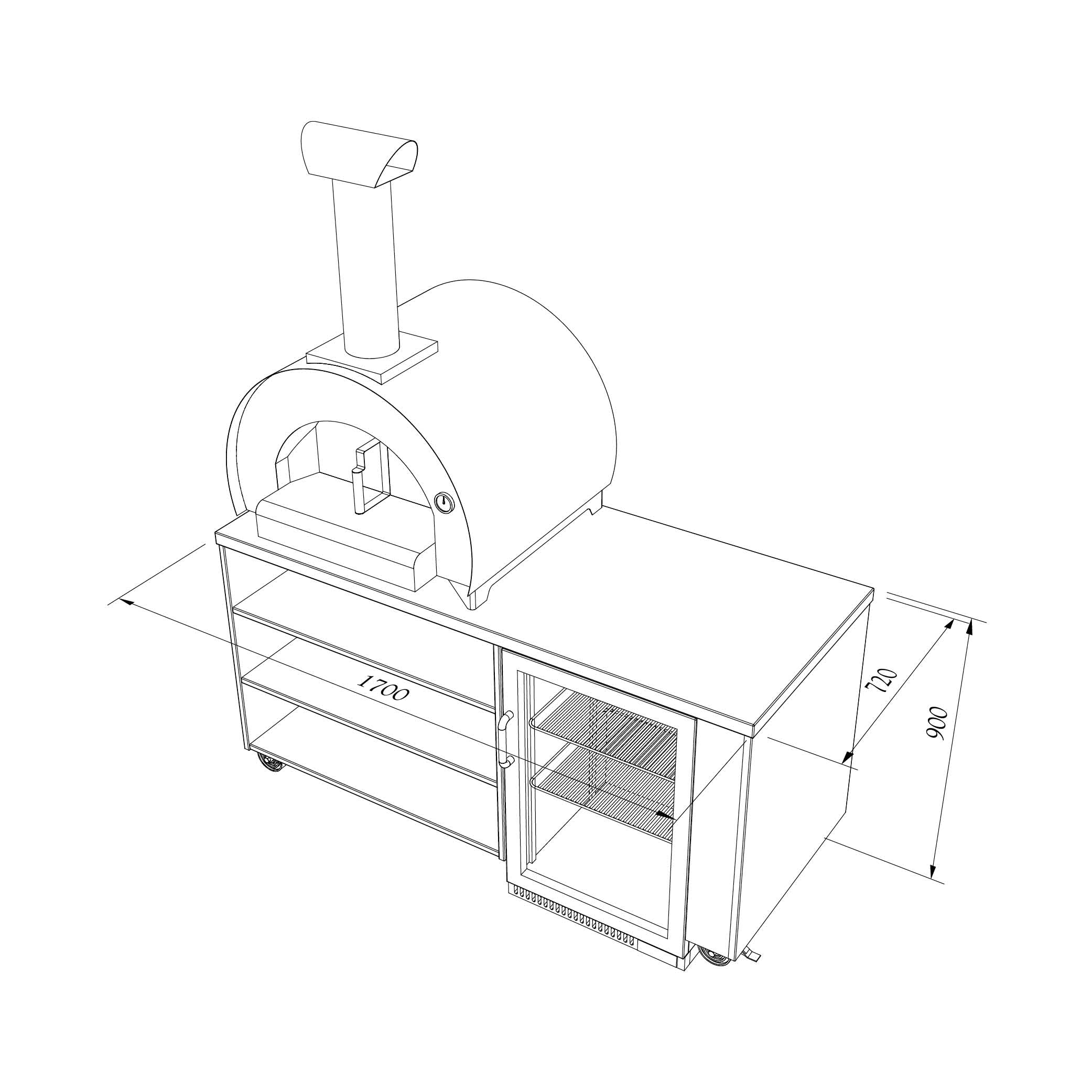 images Line drawing of the Lifestyle Kitchen 2 which features a wood burning pizza oven with storage shelves and refridgerator underneath. There is worktop space alongside the oven above the fridge for food prep.