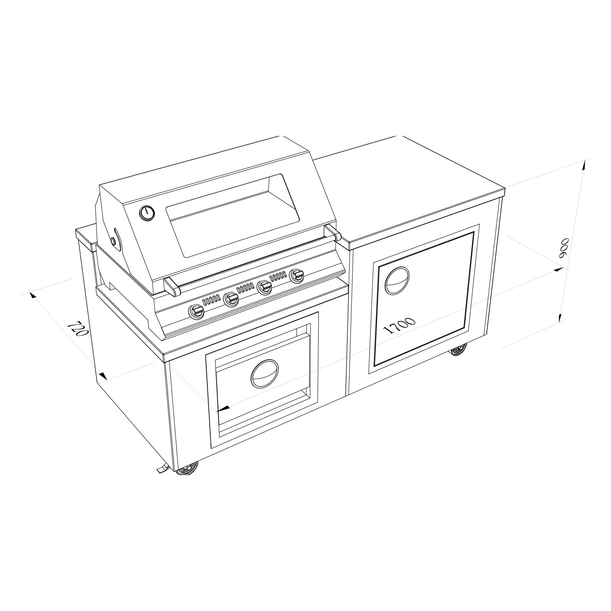 images Technical drawing of lifestyle kitchen 5 which has a BBQ/grill with lid and four control knobs, and a storage cupboard.