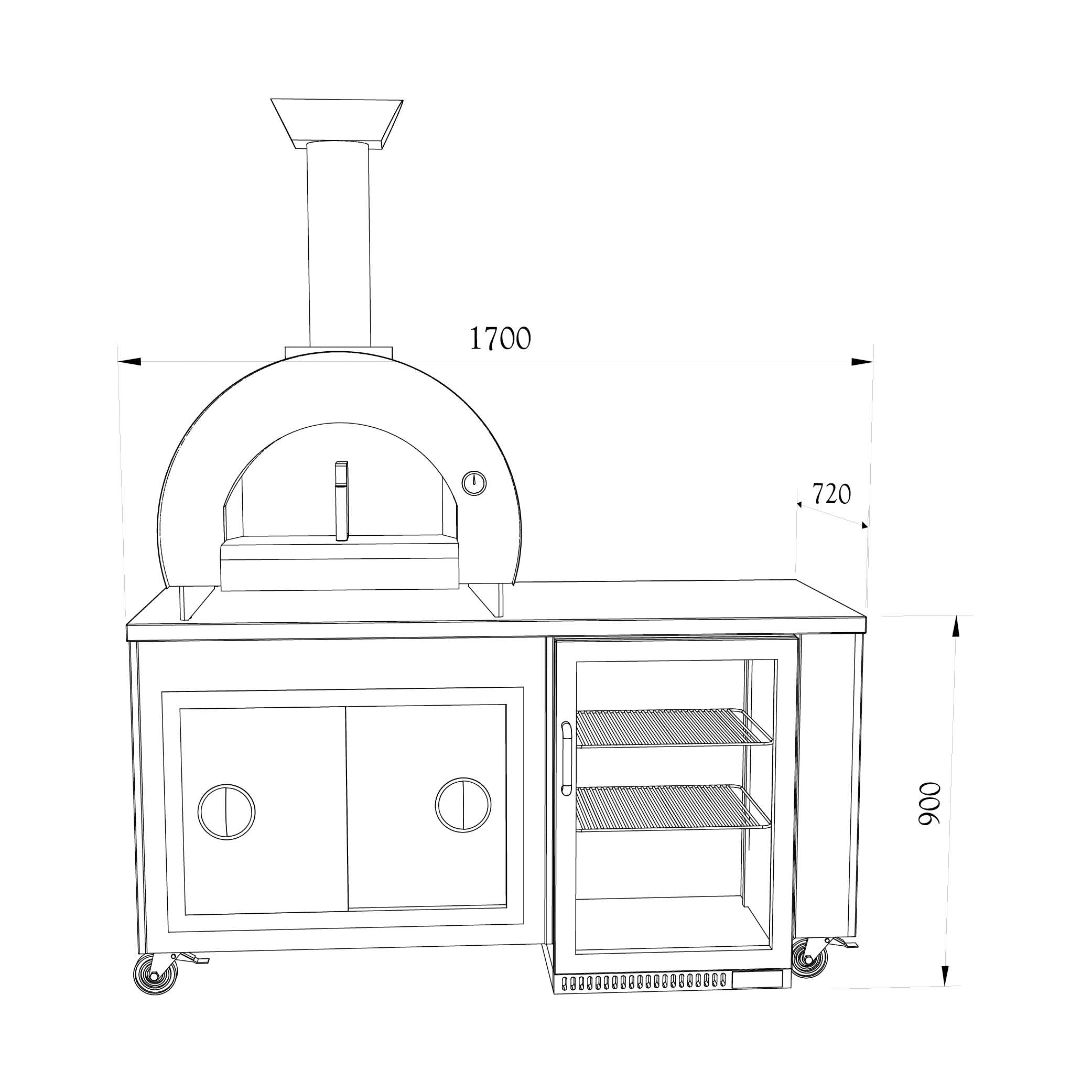 images Line drawing of Lifestyle kitchen 5 outdoor kitchen which has a woodfired pizza oven with a cupboard beneath and a work surface to the right with a fridge beneath. The unit is on castors.