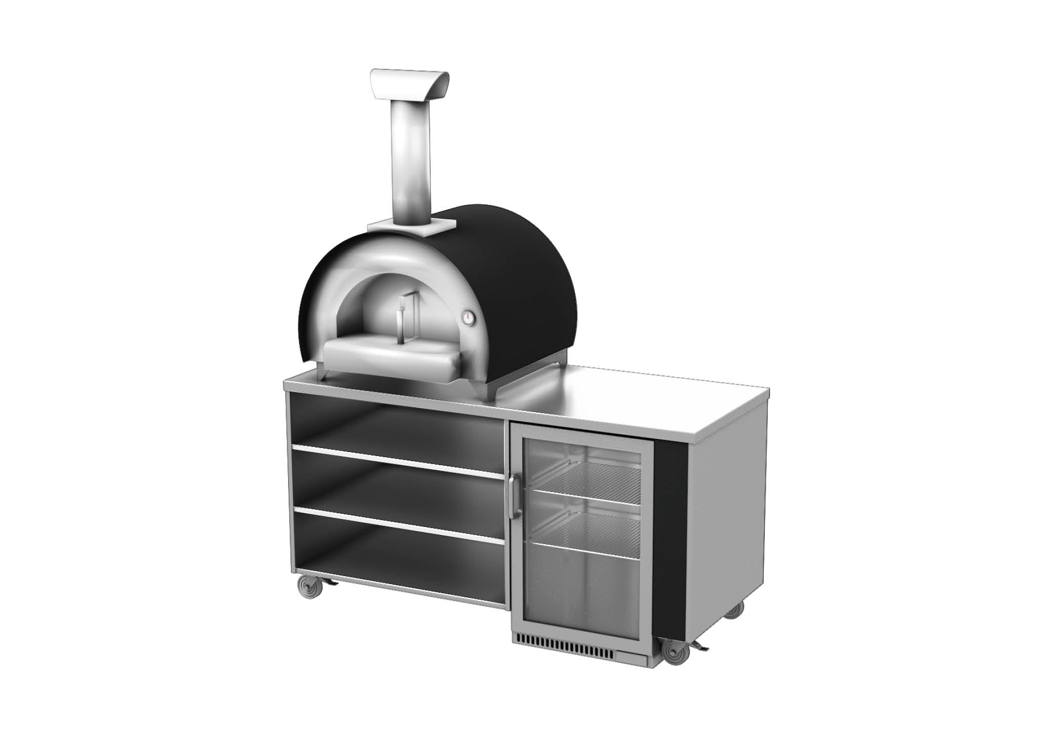 images Outdoor Kitchen 2 featuring a woodburning pizza oven and fridge. The unit is in stainless steel with a black trim and has handy workspace, storage and is on castors for ease of movement.