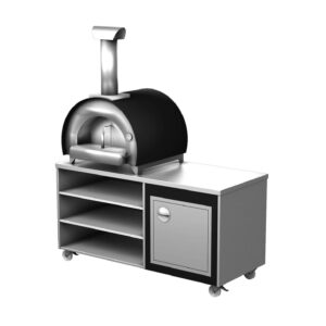 Lifestyle 2 outdoor kitchen with wood-fired pizza oven with shelves below, cupboard with door to the right and workspace above.