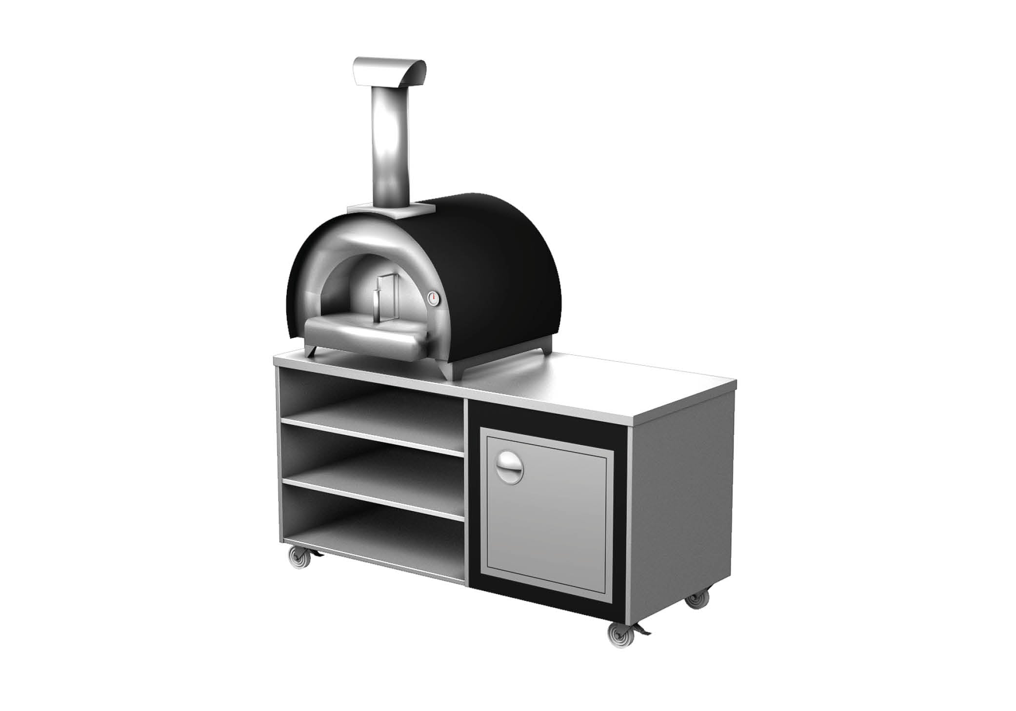 images Lifestyle 2 outdoor kitchen with wood-fired pizza oven with shelves below, cupboard with door to the right and workspace above.