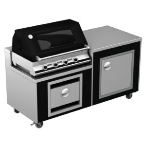 Lifestyle kitchen 4 in stainless steel and black, with a covered BBQ/grill with 4 control knobs and storage below. To the right is further storage space with a work surface above.