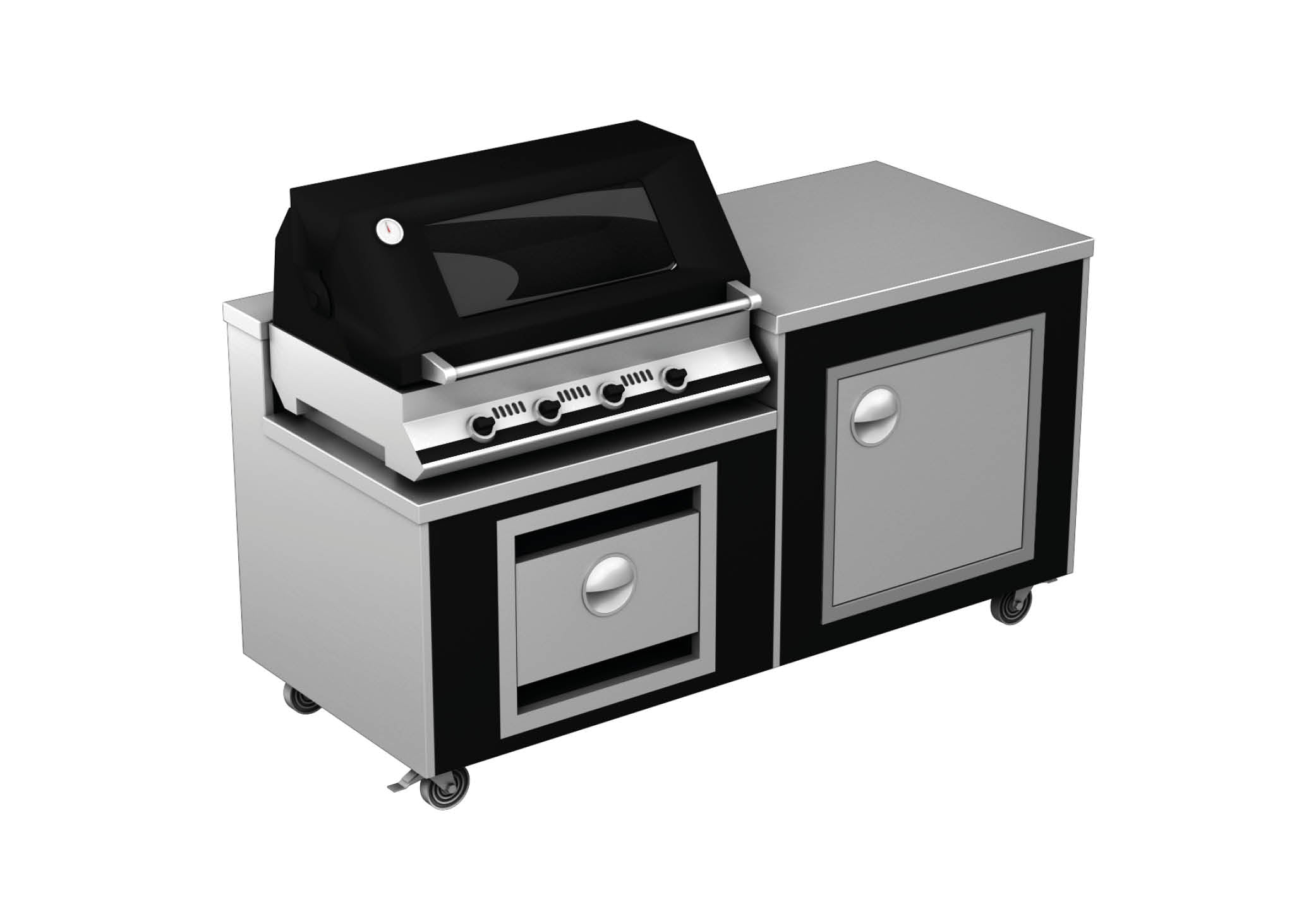 images Lifestyle kitchen 4 in stainless steel and black, with a covered BBQ/grill with 4 control knobs and storage below. To the right is further storage space with a work surface above.