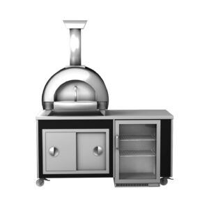 Finished in stainless steel with black trim, the lifestyle kitchen 5 has a woodfired pizza oven, a fridge and loads of storage space. the unit has castors for ease of movement.