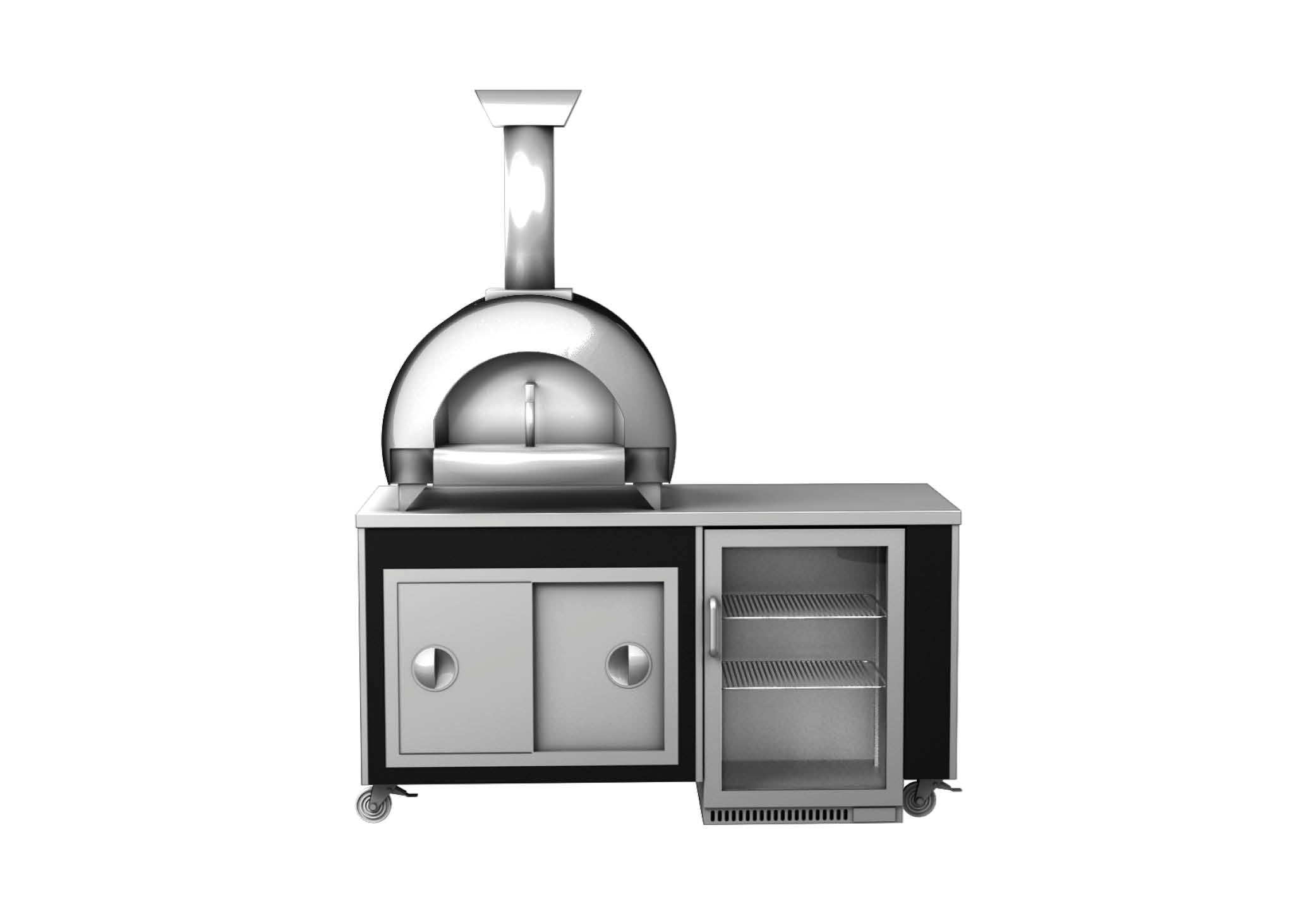 images Finished in stainless steel with black trim, the lifestyle kitchen 5 has a woodfired pizza oven, a fridge and loads of storage space. the unit has castors for ease of movement.