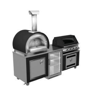 The Lifestyle 6 outdoor kitchen in stainless steel and black. The Kitchen features a wood-fired pizza oven with a chimney, a storage cupboard below and a fridge in the centre. On the right is a grill/bbq .with lid again with a cupboard below