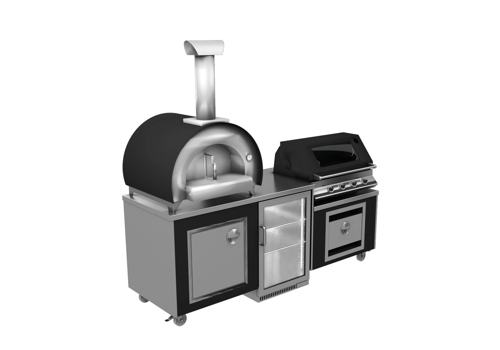 images The Lifestyle 6 outdoor kitchen in stainless steel and black. The Kitchen features a wood-fired pizza oven with a chimney, a storage cupboard below and a fridge in the centre. On the right is a grill/bbq .with lid again with a cupboard below