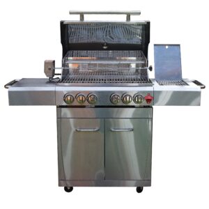 Whistler Broadway 2 BBQ Grill with additional burner to the right of the grill and workspace to the left. There is a cupboard underneath the unit and the grill area has a lid